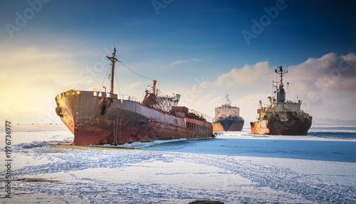 Frozen dead ships on snow