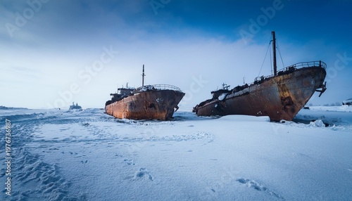 Frozen dead ships on snow