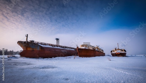 Frozen dead ships on snow
