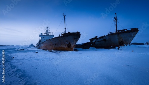 Frozen dead ships on snow
