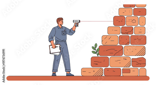 construction worker, bricklayer, measuring wall, laser level tool, building site