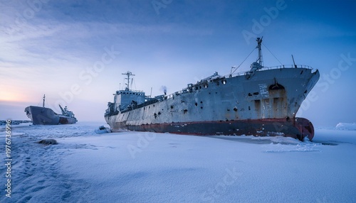 Frozen dead ships on snow