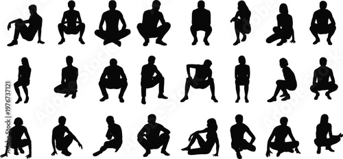 Seated silhouettes, crouching figures, human posture, sitting positions, squatting poses, ergonomic design, male female silhouettes, diverse stances, lifestyle concept, animation reference, posture