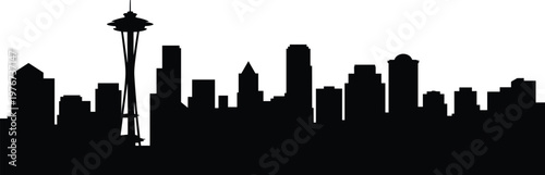 Seattle skyline silhouette with Space Needle, urban architecture, cityscape illustration, iconic landmark, tourism concept, modern buildings, metropolitan view, USA