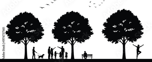 Serene park scene with trees, people walking dog, family bonding, yoga practice, birds flying, peaceful outdoor leisure, nature connection, relaxation