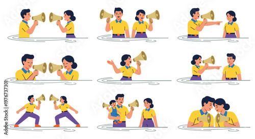 Male and female characters in yellow and blue outfits demonstrating various social interactions. Public speaking shouting listening and arguing scenes with loudspeaker icons.