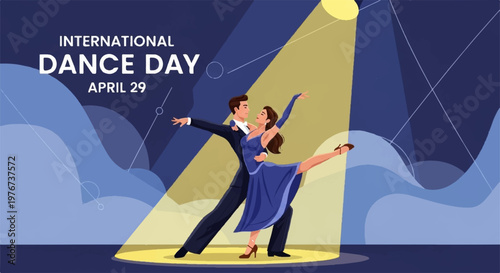 Couple performing elegant ballroom dance under spotlight illustration