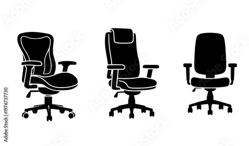 Office chair black icon set vector ergonomic and swivel chair silhouette isolated on white