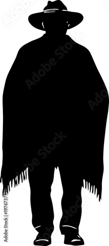 Canvas Print Indigenous Man Silhouette Wearing Traditional Poncho and Hat