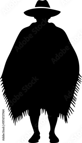 Tableau sur toile Indigenous Man Silhouette Wearing Traditional Poncho and Hat