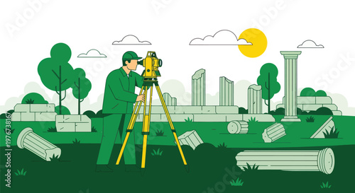 Surveyor, construction site, yellow equipment, green landscape, cityscape background, vector illustration