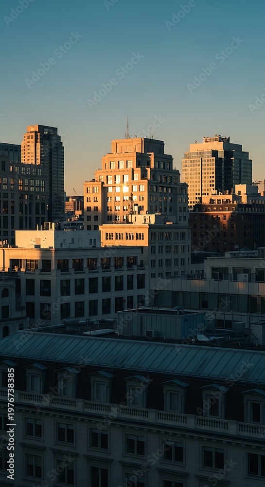 Fototapeta premium Cityscape with tall buildings at sunset.