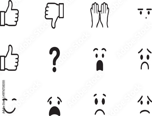 Vector icons of thumbs up thumbs down hands and emoticon faces on transparent background