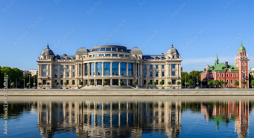 Fototapeta premium Grand neoclassical building and red brick clock tower reflecting in a calm river under a clear blue sky.