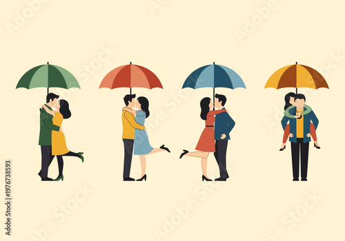 Set of Romantic Couples Hugging and Kissing Under Colorful Umbrellas, Minimalist Flat Vector Illustration for Wedding, Valentine's Day, and Love Concepts