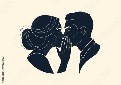 Elegant Silhouette Illustration of a Couple Whispering a Secret, Minimalist Romantic Concept Art