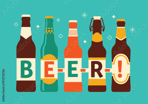 Flat Vector Illustration of Five Colorful Beer Bottles with BEER Lettering on Labels, Retro Style Brewery Graphics for Pub Menu and Party Poster