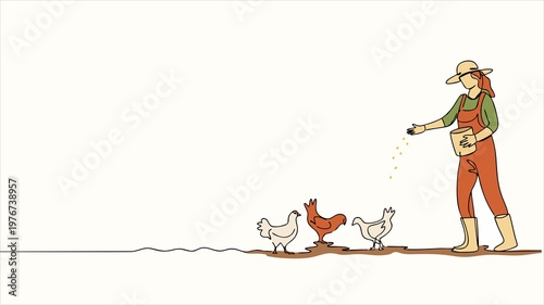 Tableau sur toile Farmer Feeding Chickens in Farm, Poultry Farming and Sustainable Agriculture Con