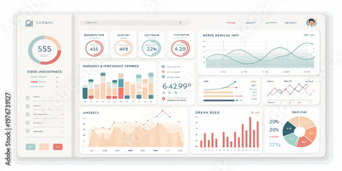 A modern dashboard with various colorful infographics and charts on a clean white background