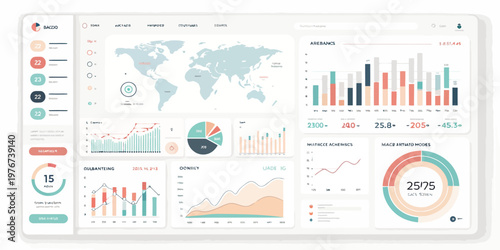 A modern infographic template with various charts and graphs on a clean white background