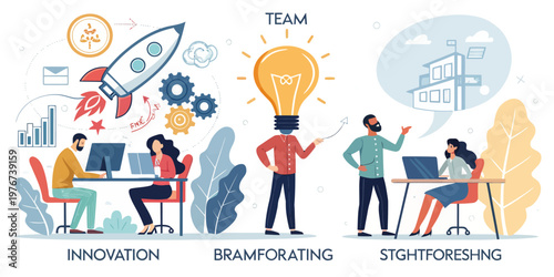 A vector graphic illustration of a team brainstorming and working together in an office setting with a focus on innovation and creativity