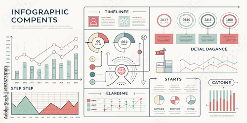 A vector graphic illustration of infographic components with various charts and graphs