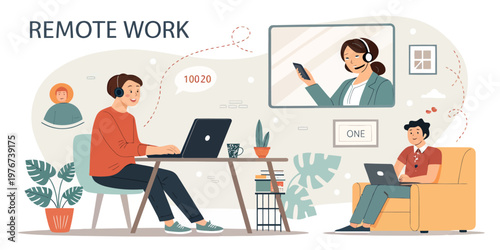 A vector graphic illustration of people working remotely with laptops and headsets in a modern home office setting.