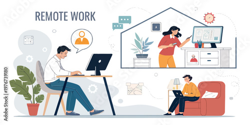 A vector graphic illustration of people working remotely from home with modern technology and furniture