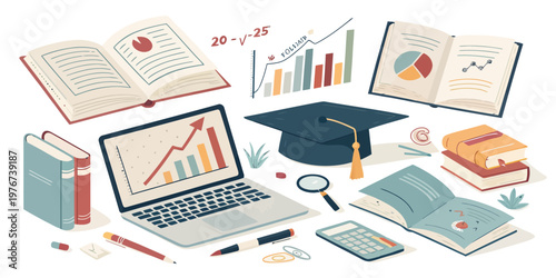 A colorful vector illustration of education and learning tools, including books, a laptop, and a graduation cap, arranged in a flat and minimal style.