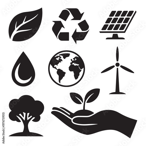 Collection of black and white icons representing environmental concepts like recycling, solar power, and nature.