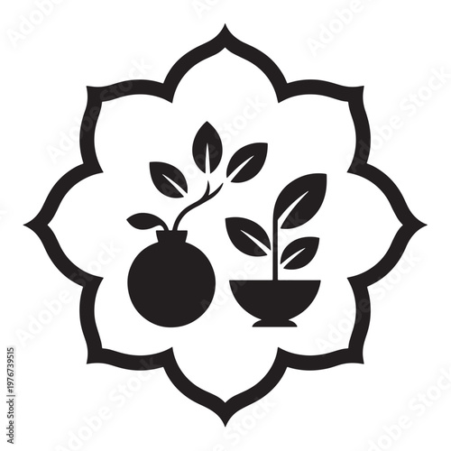 Black and white vector illustration of two potted plants within an ornate frame, symbolizing growth.