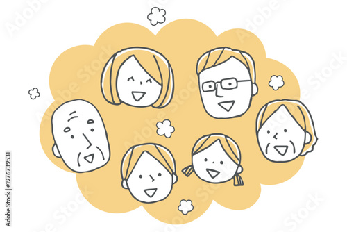 笑顔の三世代家族の顔アイコンセット単色