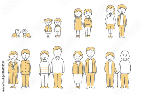 赤ちゃんから高齢者までの人物の年代別一覧男女セット単色