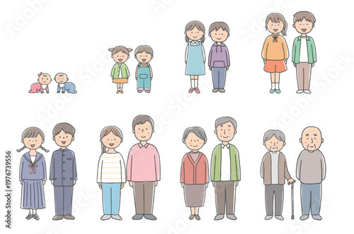 赤ちゃんから高齢者までの人物の年代別一覧男女セット