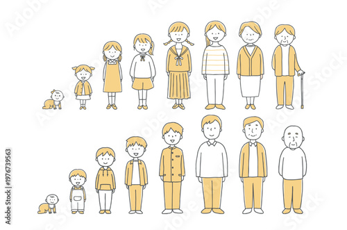 赤ちゃんから高齢者までの男女の年代別人物一覧単色