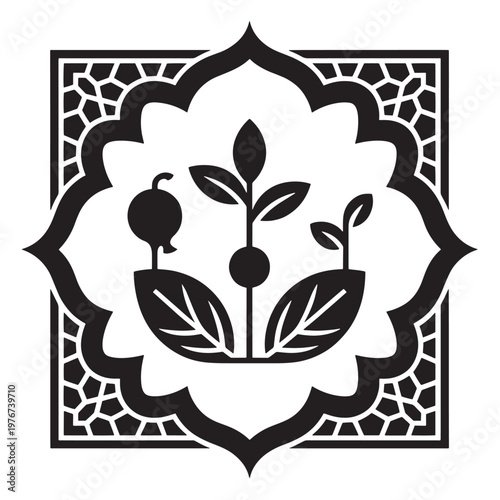 Decorative emblem featuring sprouting plants and fruit within an ornate geometric frame.