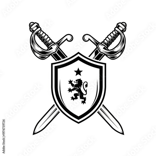 Vintage Crossed Swords and Shield Emblem Illustration.
