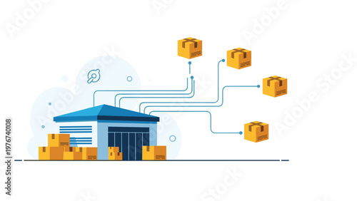 Warehouse facility connected to various shipping boxes by blue lines illustrating logistics, distribution, and supply chain.
