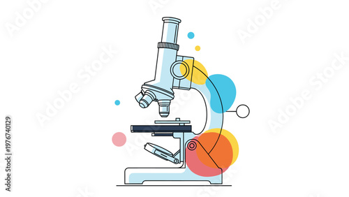 Laboratory microscope illustration surrounded by colorful abstract circles representing scientific research, biology, and data.