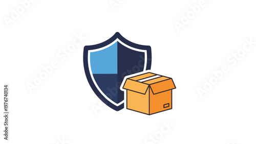 Delivery box placed in front of a blue security shield representing protected shipping, package insurance, and safe delivery.