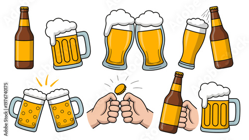 A diverse collection of colorful beer illustrations, featuring bottles, overflowing mugs, and enthusiastic cheers.
