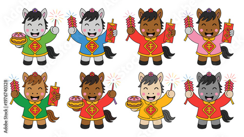 A delightful collection of eight cartoon horses in various colors celebrating with festive items.