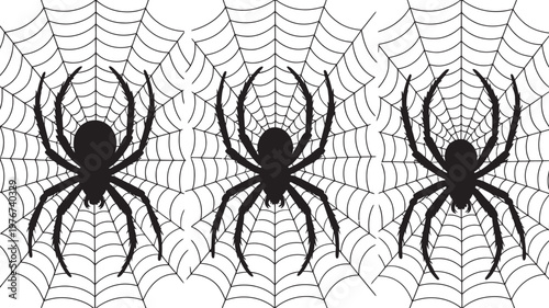 Three bold black spiders are prominently featured on detailed spiderwebs, ready to strike.