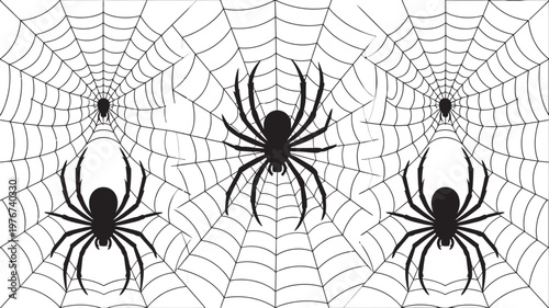 Three black spiders are intricately positioned on detailed, concentric spiderwebs.