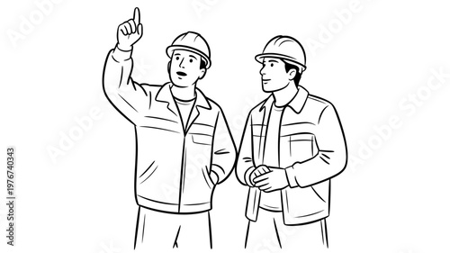 Two attentive construction workers in hard hats are observing, one pointing something important upwards.