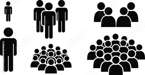 Silhouettes of people and groups in various sizes with black and white, silhouette