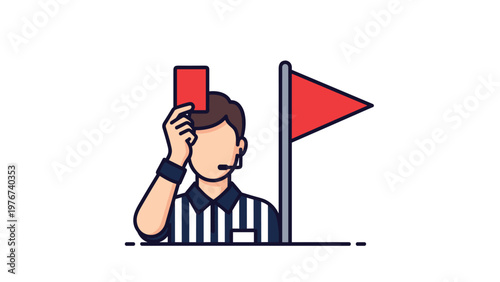 Soccer referee blowing a whistle and holding up a red card in front of a flag, signifying a penalty or game disqualification.