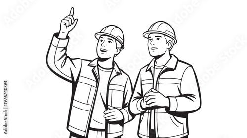 Two skilled construction workers in hard hats discuss plans, one pointing upwards with purpose.