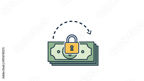 Stack of green paper money bills with a golden padlock and a dashed arrow indicating secure transactions or locked funds.