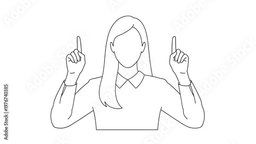 Line drawing of a professional woman in a collared shirt pointing upwards with both hands to emphasize an idea or concept.